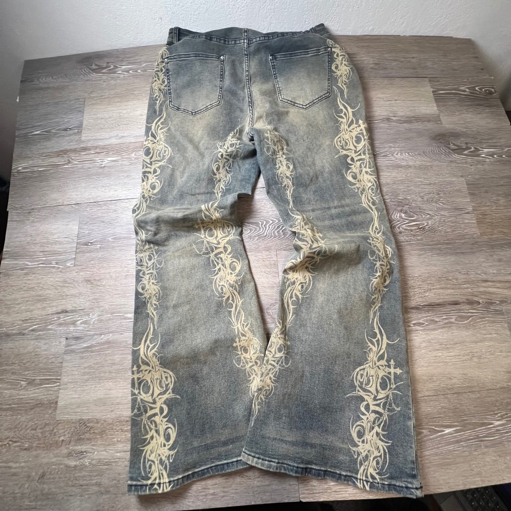 ROMWE Tribal Print Baggy Jeans Men Size 34 Blue Acid Wash Streetwear Denim